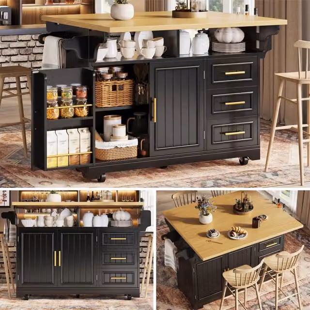 Isola Cucina Multifunzione con Estensione Tavolo, Piatto Ribaltabile Bilaterale, Ante Motivo Verticale, Ampio Spazio con Cassetti, Credenza su Ruote