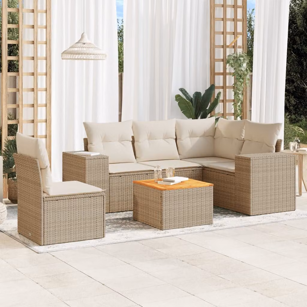 Set Divano da Giardino vidaXL 6 pz a Forma a L con Cuscini Beige e Tavolino in Polyrattan e Legno di Acacia