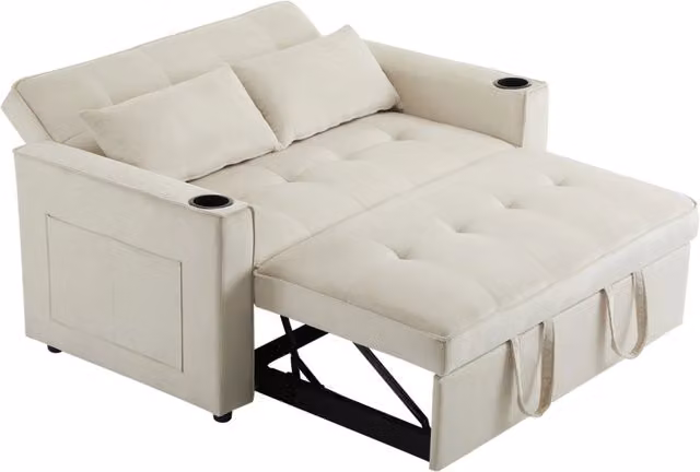 Divano letto pieghevole in velluto con funzione multifunzione, porta bevande e cuscini, 2 posti - 137x76,5x83 cm