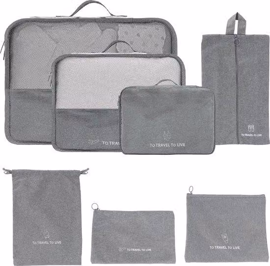 Set organizer da viaggio, 7 pezzi, grigio, multifunzionale