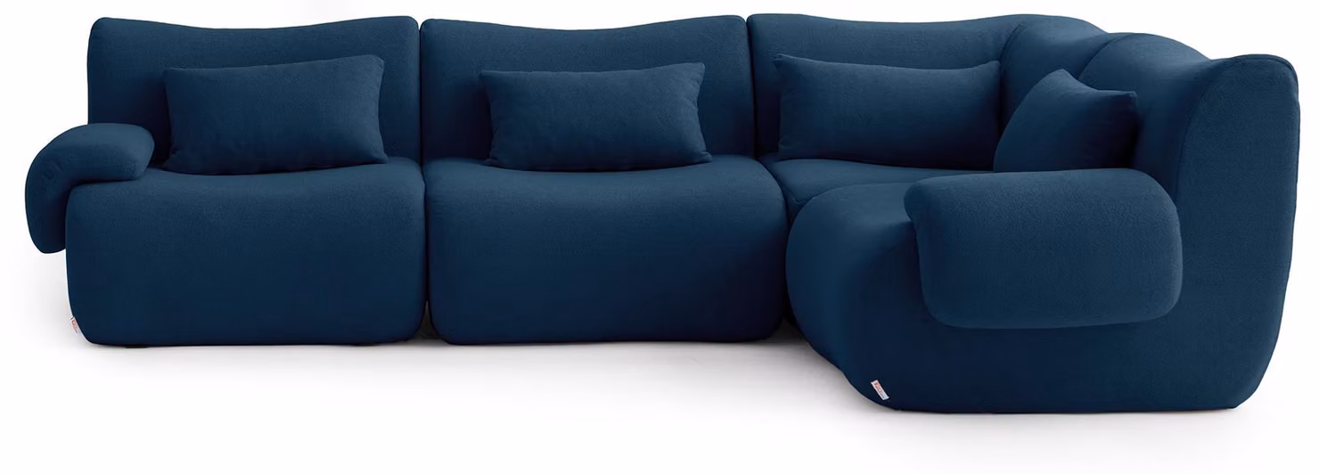 DIVANO ANGOLARE MODULARE MILYSOFA SOFATIME, 4 posti, con chaise longue, rivestito in tessuto bouclé di alta qualità, colore blu intenso