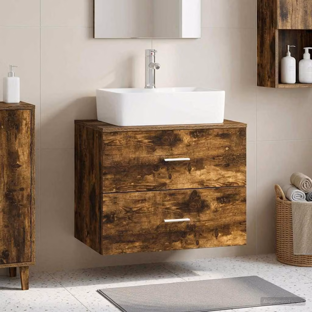 Mobile da bagno sospeso vidaXL in rovere fumo con cassetti e ante, L: 62,5 cm, P: 44,5 cm, H: 50 cm
