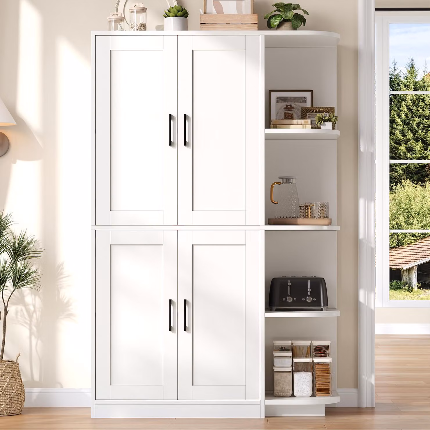 Mobiletto da cucina Flieks con 4 ante, 4 ripiani aperti, dispensa con ripiani regolabili, credenza per soggiorno e sala da pranzo, bianco