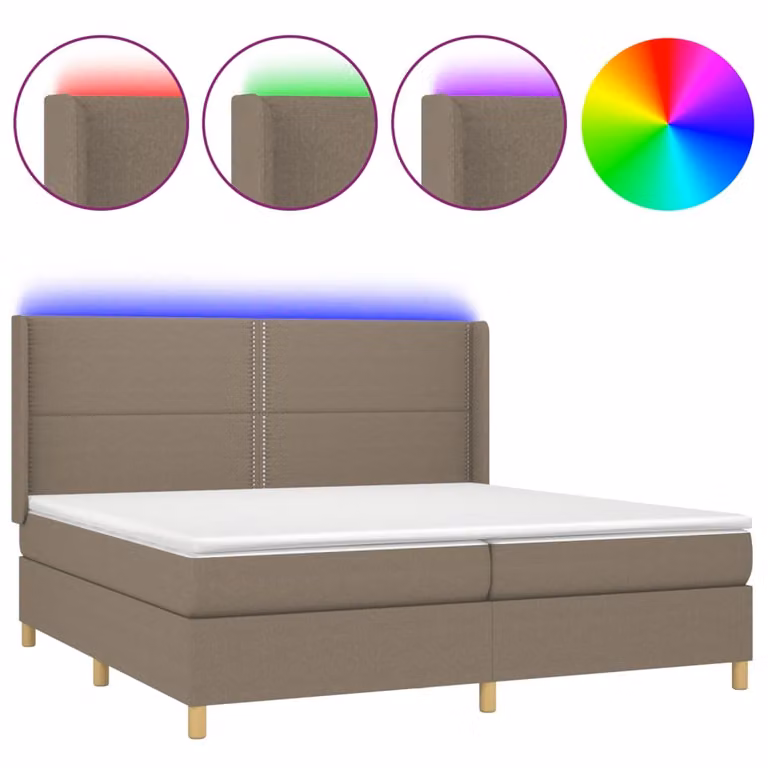 Letto a Molle Materasso e LED tortora 200x200cm in Tessuto