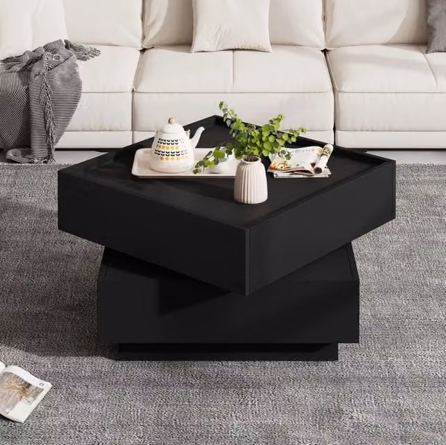 Tavolino da salotto ULEVR 60x60x38 cm girevole a 360¡ã con 2 cassetti, nero