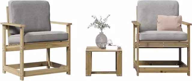 Set Salotto da Giardino vidaXL in Legno di Pino con Cuscini Grigi e Tavolino da Esterno