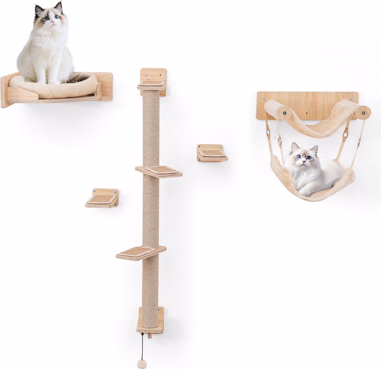 COSTWAY 5 PCS parete di arrampicata per gatti, tiragraffi con piattaforme, tiragraffi in iuta, letto per gatti, 2 amache, palla&scalini, albero di arrampicata per gatti, mobili natura