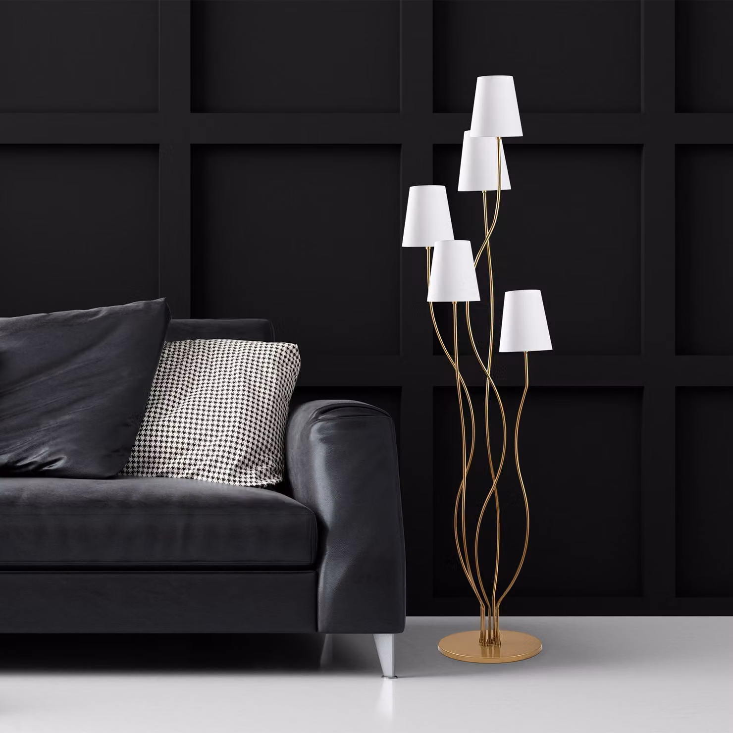 Opviq, lampada da terra moderna con struttura in metallo, oro e bianco, 44 x 44 x 160 cm | Paralume in tessuto (diametro: 14 cm, altezza: 16 cm) | 5 attacchi E14, max. 40 W, ideale per hotel e abitazioni moderne.
