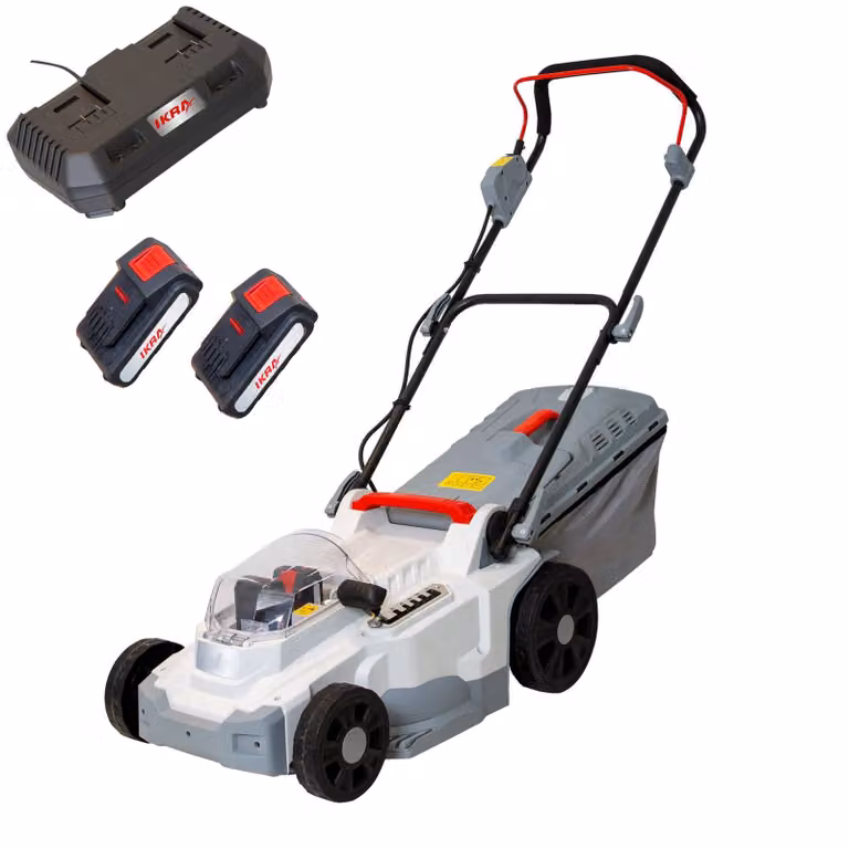 Tosaerba a batteria IKRA ICM 2/2037 | 2x20V | Larghezza di taglio 37 cm | 5 altezze di taglio | Cestello di raccolta 40 l | con kit mulching, 2 batterie 2,0 Ah e doppio caricatore rapido