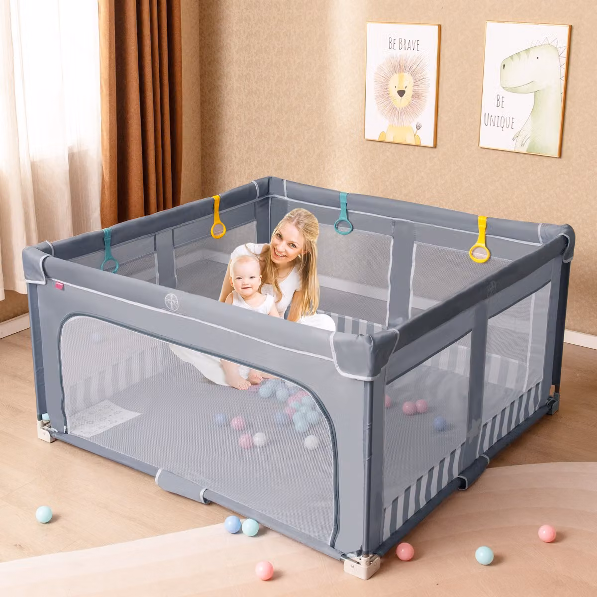 Recinto pieghevole per bambini Costway con cancello a cerniera, Grigio, L/P: 150 x 150 cm