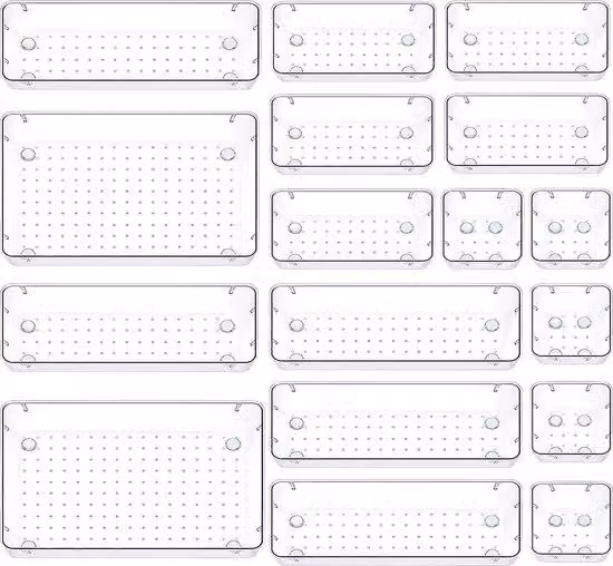 Sistema di organizzazione per cassetti da 17 pezzi, organizer per cassetti a 4 scomparti, plastica trasparente, per scrivanie, cassettiere, organizer per cosmetici, trucchi e gioielli, camera da letto, bagno, ufficio, cucina