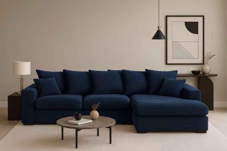 Kaiser Möbel Divano ad angolo con funzione letto e box letto, Divano a L, Divano a L in tessuto Gabon Zoom Blu Ottomana a destra