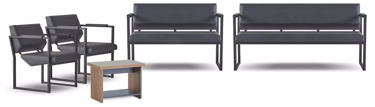 Graue Büro Möbel Moderne Sitzbank Leder 2-Sitzer 2x Ledersessel Tisch