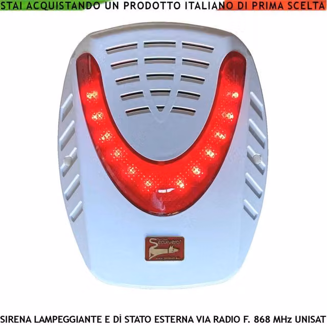 Sirena Esterna Wireless Securvera con Tromba da 120 dB, Frequenza 868 MHz Bidirezionale, Sistema Anti Jamming e Anticollisione, Lampada con 12 LED, Colore Bianco, Grado di Protezione IP34