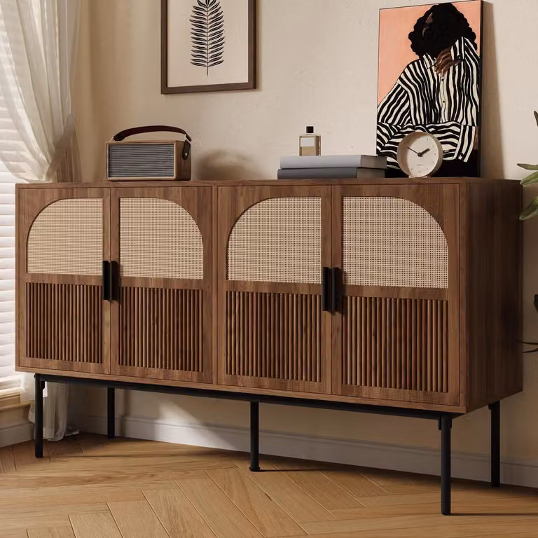 Mobile contenitore con 4 ante, dimensioni 140x40x80 cm, aspetto legno, rattan, struttura in acciaio