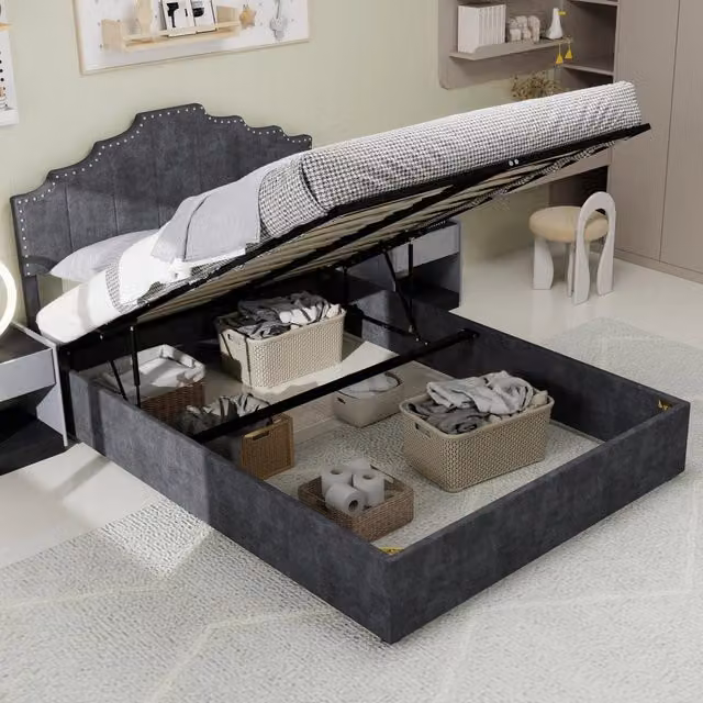 Letto contenitore matrimoniale 160 × 200 cm con sollevamento pneumatico, senza materasso, tessuto grigio