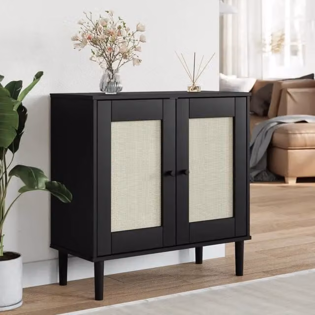 Credenza vidaXL in legno di pino massello con dettagli in rattan nero stile boho L: 80 cm, P: 35 cm, H: 80 cm
