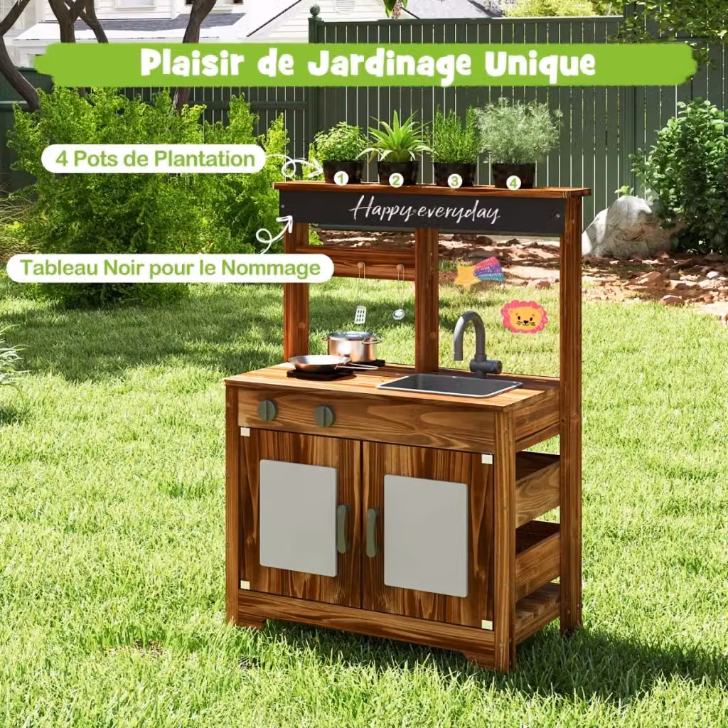 Cucina giocattolo per bambini in legno di abete marrone con lavello estraibile e vasi da fiori L/P/H: 68 x 35 x 97 cm – 2