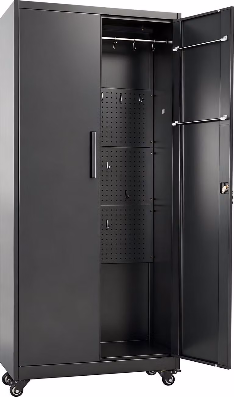 Armadio metallico SucceBuy a 5 ripiani, armadio mobile con ripiani regolabili, doppie ante magnetiche, appendiabiti e ganci: ideale per dispensa, ripostiglio o cantina.