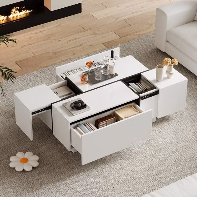 Tavolino basso OKWISH moderno con 4 cassetti e piano lucido bicolore bianco e nero L: 100 cm, P: 60 cm, H: 40 cm