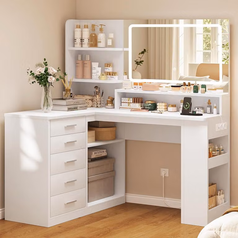 Comò da trucco con specchio a LED, cassetti e prese di corrente, colore bianco