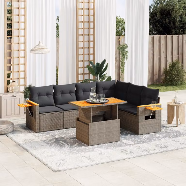 Set di divani da giardino vidaXL in polyrattan grigio con 7 pezzi e cuscini inclusi