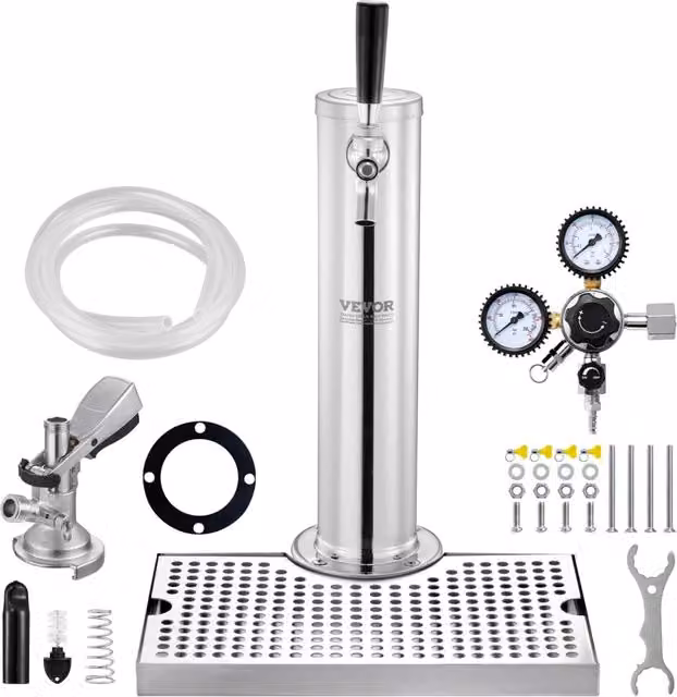 Kit Distributore di Birra Vevor in Acciaio Inossidabile Argento con Rubinetto Singolo e Regolatore Doppio Calibro W21.8 – 1