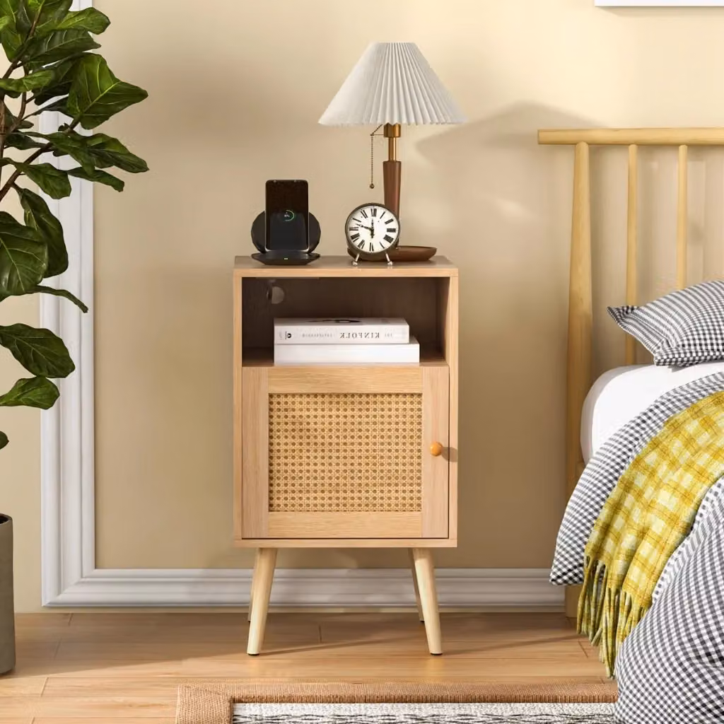 Set di 2 comodini Design Mania in rattan e legno color beige con mensola aperta e porta decorata – 2