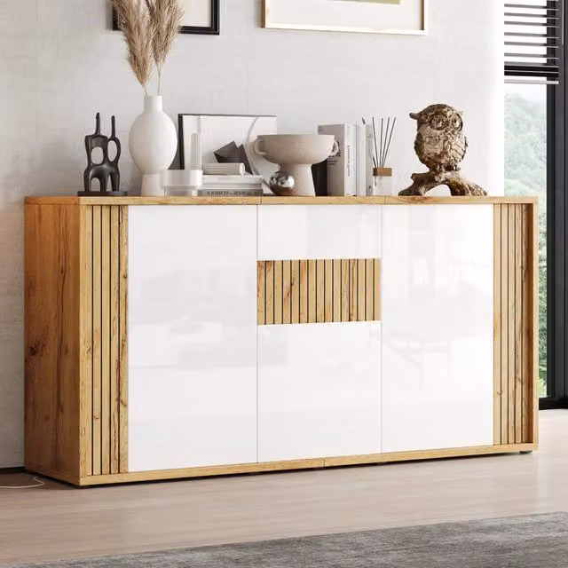 Desviae Credenza con 3 ante push to open e 6 vani in MDF e truciolare bianco e legno naturale 140 × 35 × 71 cm