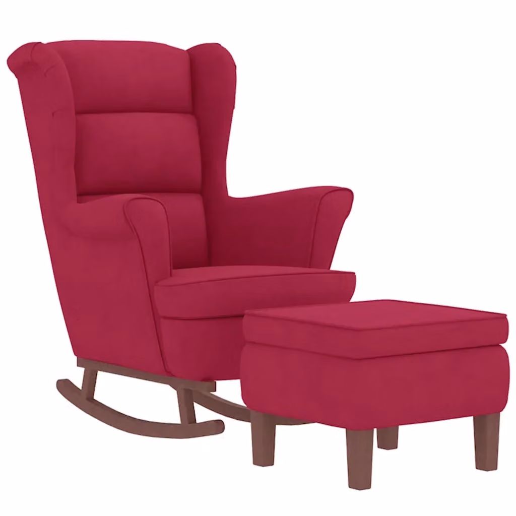 Sedia a dondolo con schienale alto vidaXL in velluto rosso vino e struttura in legno con pouf incluso – 2