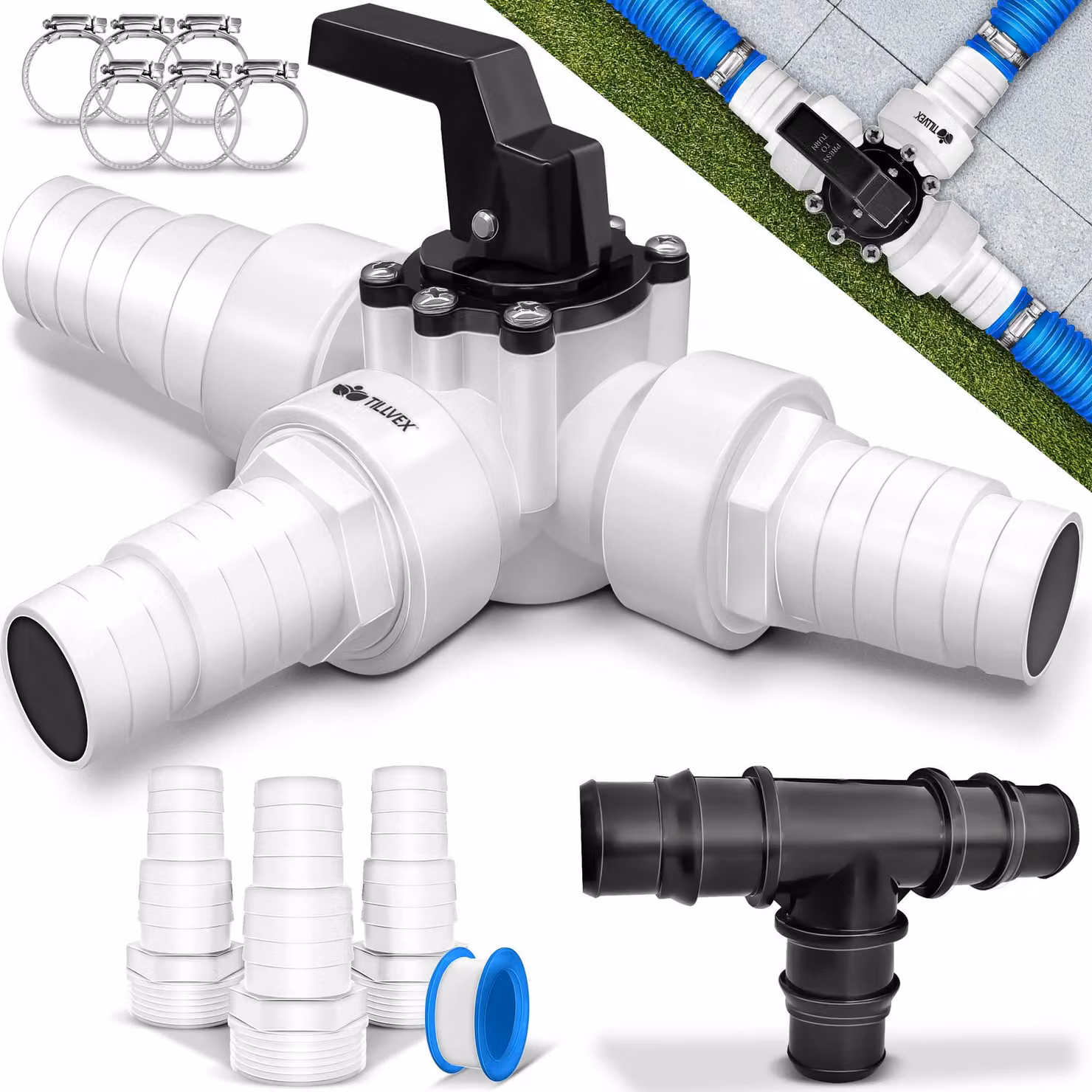 tillvex® Set bypass piscina 12 pezzi - attacco Ø32 e 38 mm | valvola a 3 vie e adattatore ABS | 6x fascette stringitubo & 8m nastro isolante - ideale per sistemi di filtraggio a sabbia, pompe di calore e riscaldamento piscina (nero)