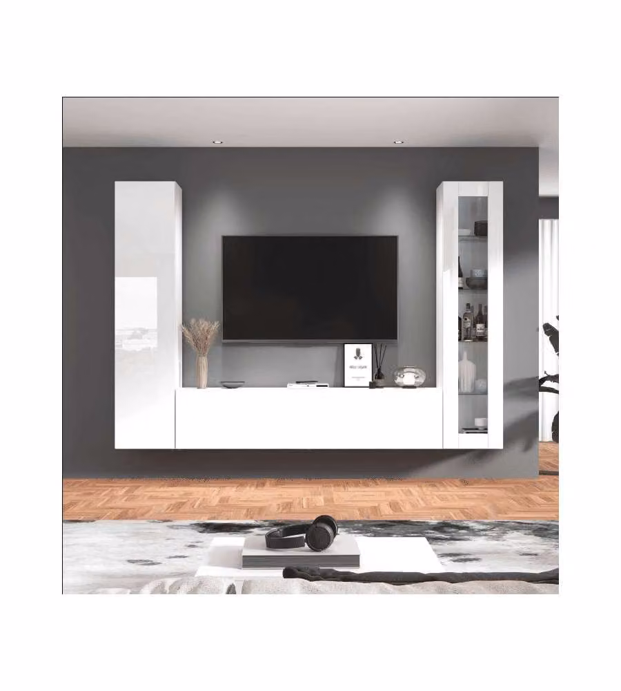 Web Furniture Parete Attrezzata Moderna Soggiorno Bianco Lucido 260x30x180 cm