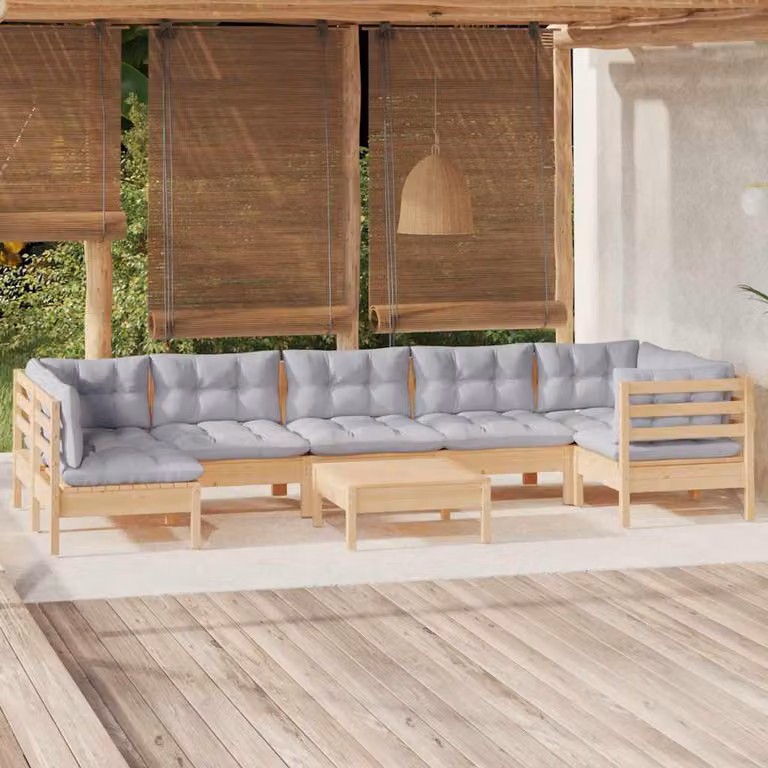 Set di divani da giardino vidaXL a forma di L in legno di pino massello con cuscini grigi e pouf, 8 pezzi