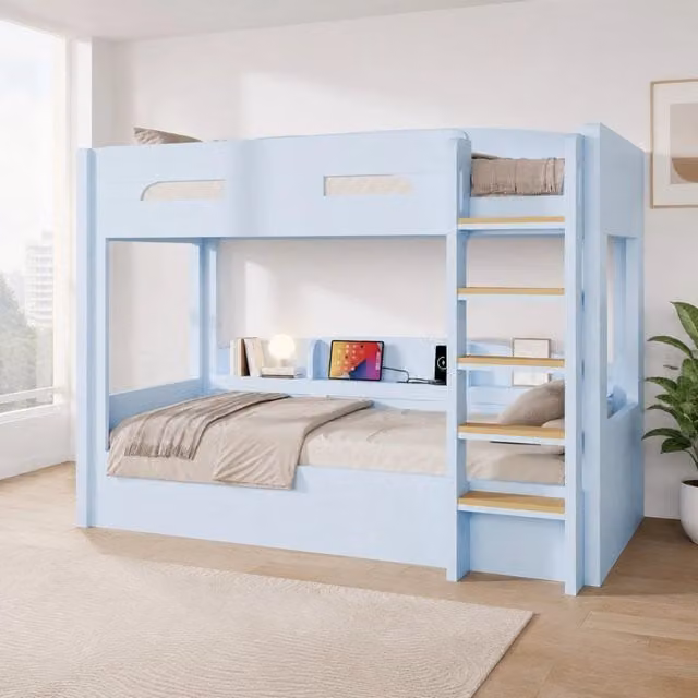 Letto a castello Mivray blu con ripiani laterali e porta USB, L/P/H: 90 x 200 x 196,5 cm