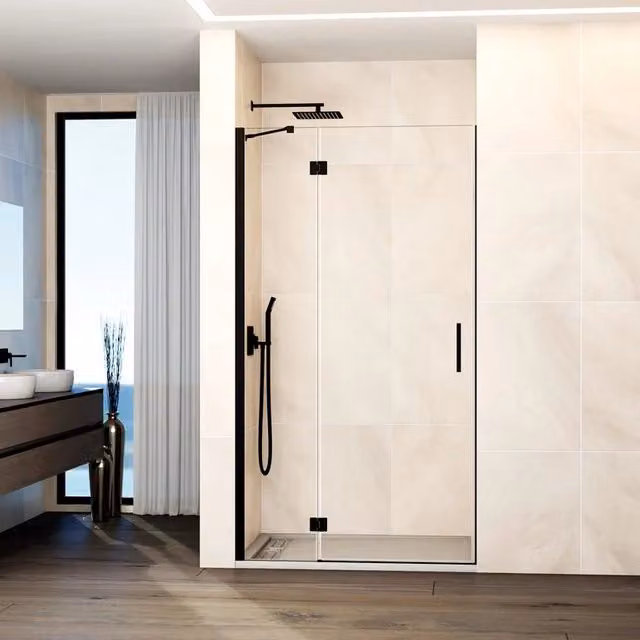 Box doccia frontale GLASS fisso + porta battente chiusura magnetica 75 cm (72-74; fisso 25+porta 50) nero