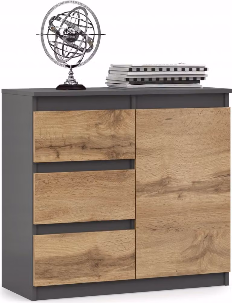 VBChome Comò con 3 cassetti e 1 anta 80 x 35 x 75 cm Colore grafite Comò senza maniglie Armadio multiuso per corridoio Camera da letto Soggiorno Camera dei bambini