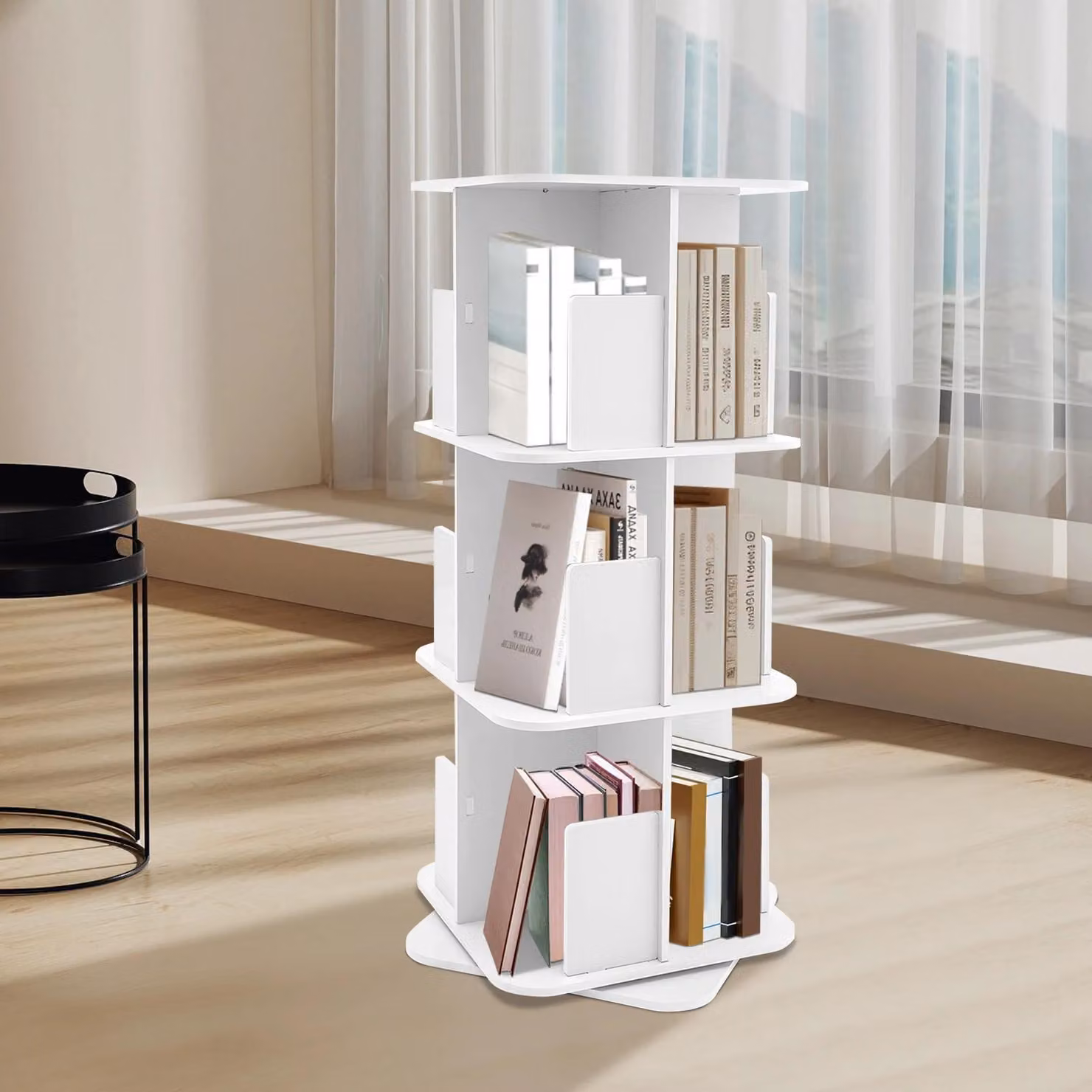 Libreria girevole - Libreria autoportante a 3 livelli - Ruotabile a 360° - Salvaspazio - Bordo di sicurezza - Per camera da letto/soggiorno/sala giochi - Bianco
