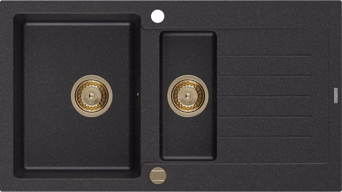 Mexen Matias lavello in granito 1,5 vasca con sgocciolatoio 900 x 505 mm, nero/argento metallizzato, sifone dorato
