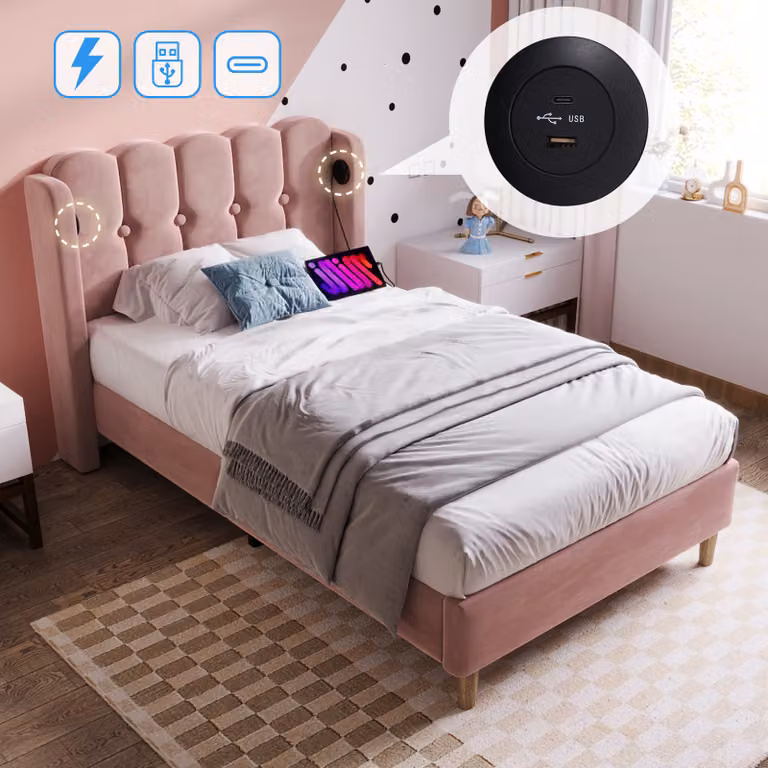 MODFU Letto imbottito multifunzionale 90x200 cm con funzione di ricarica USB Type-C, letto singolo, letto per bambini con rete, rosa vellutato (senza materasso)