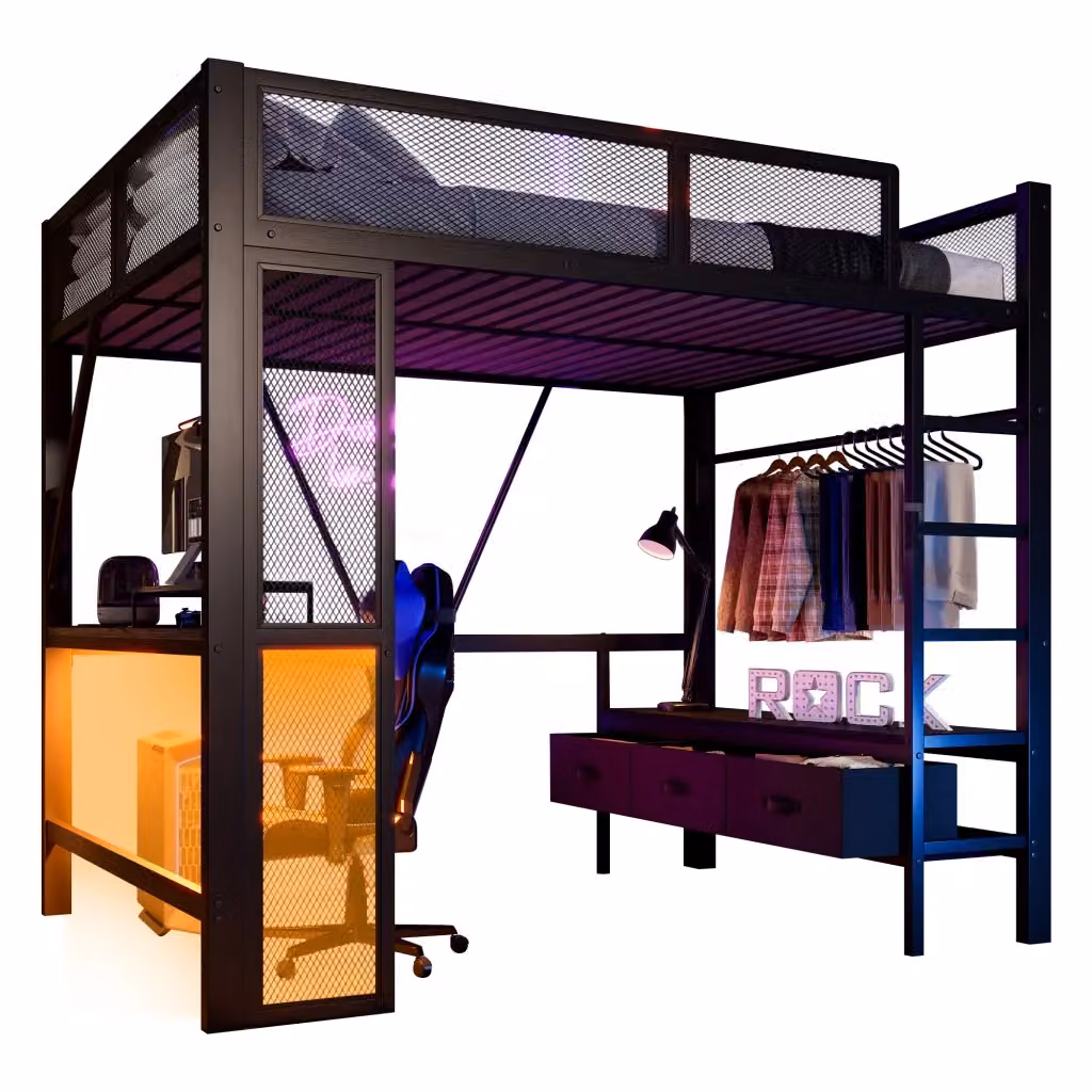 Letto a Soppalco Chicfurn 2 Piazze con Scrivania, 3 Cassetti, USB e LED, Nero, L/P/H: 200 x 140 x 180 cm – 2