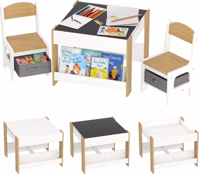 Set Tavolo e Sedie per Bambini 3in1 XYLO Bianco e Legno Naturale con Lavagna Reversibile e Cassetti