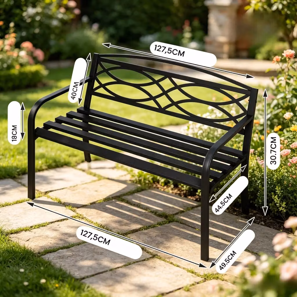 Panchina da giardino e parco Komhtom in acciaio nero opaco con schienale e braccioli, resistente alle intemperie, L: 220 cm, P: 59,5 cm, H: 83 cm – 2