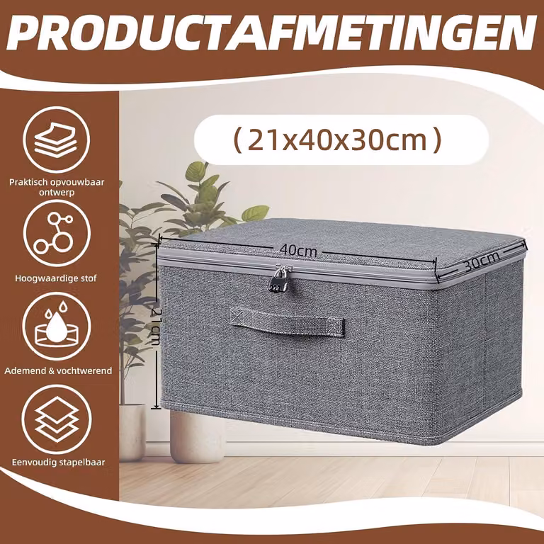 Contenitore di stoccaggio. Contenitore di stoccaggio con serratura, scatola pieghevole in tessuto con maniglie e cerniera, contenitore con coperchio per abbigliamento