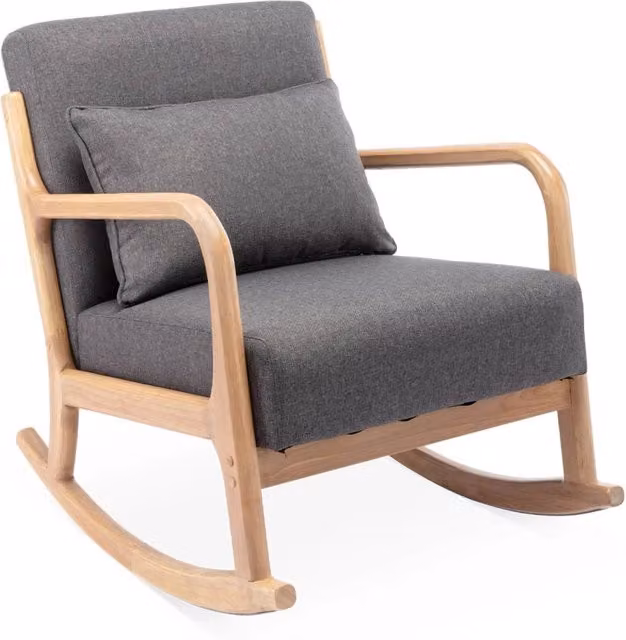 Poltrona a dondolo scandinava Sweeek in legno e tessuto grigio con braccioli