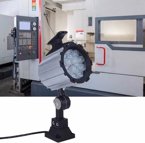 Lampada LED industriale da 12W 24V con braccio flessibile corto e design impermeabile per uso professionale su CNC, tornio e fresatrice, disponibile in nero o argento