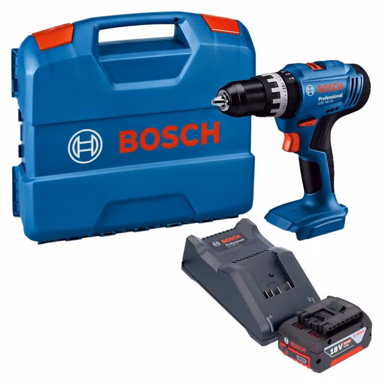 Trapano avvitatore a percussione a batteria Bosch GSB 18V-25 Professional 18 V 56 Nm + 1 batteria da 4,0 Ah + caricabatterie + valigetta L-Case