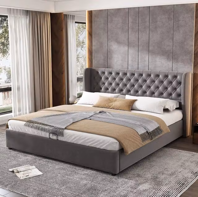 Letto matrimoniale 160x200 cm con contenitore idraulico; velluto grigio (Senza materasso)