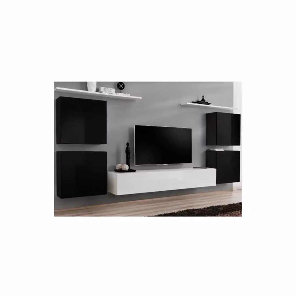Composizione murale SWITCH IV Meublorama in MDF bianco e nero lucido con mobile TV, blocchi sospesi e scaffali, L: 320 cm, H: 40 cm, P: 150 cm – 2