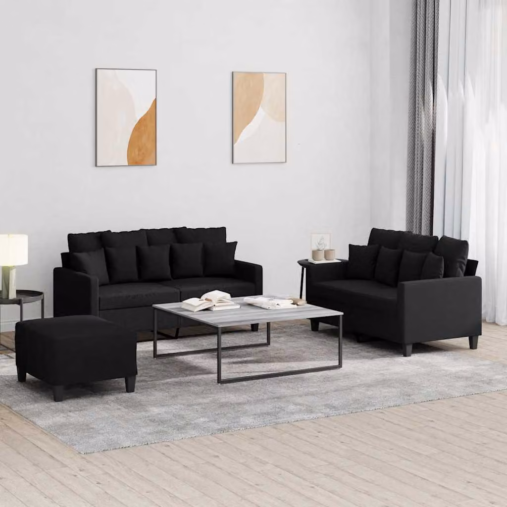 Set di divani vidaXL 3 pezzi con pouf e cuscini, nero in tessuto moderno per soggiorno – 1