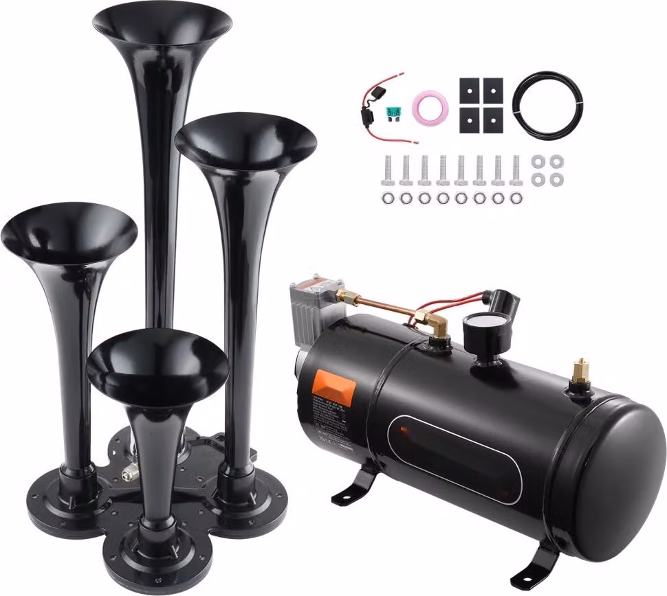Set di trombe da treno - set di 4 trombe ad aria compressa - trombe da treno da 150 dB per camioncini - compressore d'aria da 12 V 120 psi - serbatoio da 3 L con manometro per qualsiasi veicolo da 12 V - auto, camion, treno, furgone, barca, ecc. - Nero